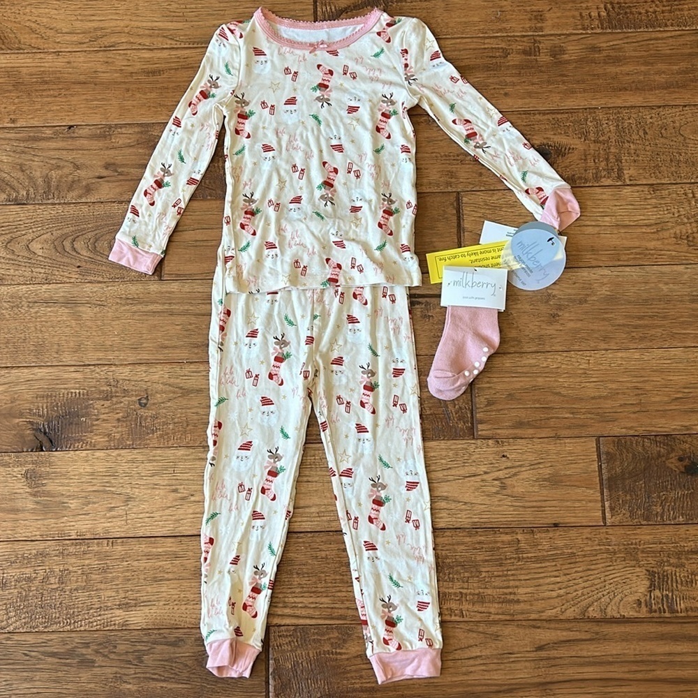 Milkberry Bamboo Christmas Holiday Pajamas 3 Piece Set Size 3T New NWT